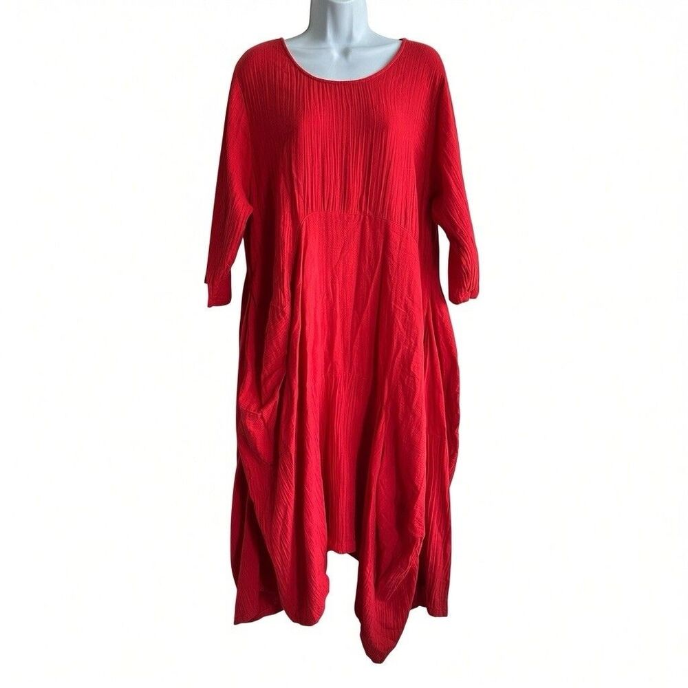 Ivan Grundahl Midi Dress Sz M Red Parachute Logenlook Gauze Cotton Boho Pocket